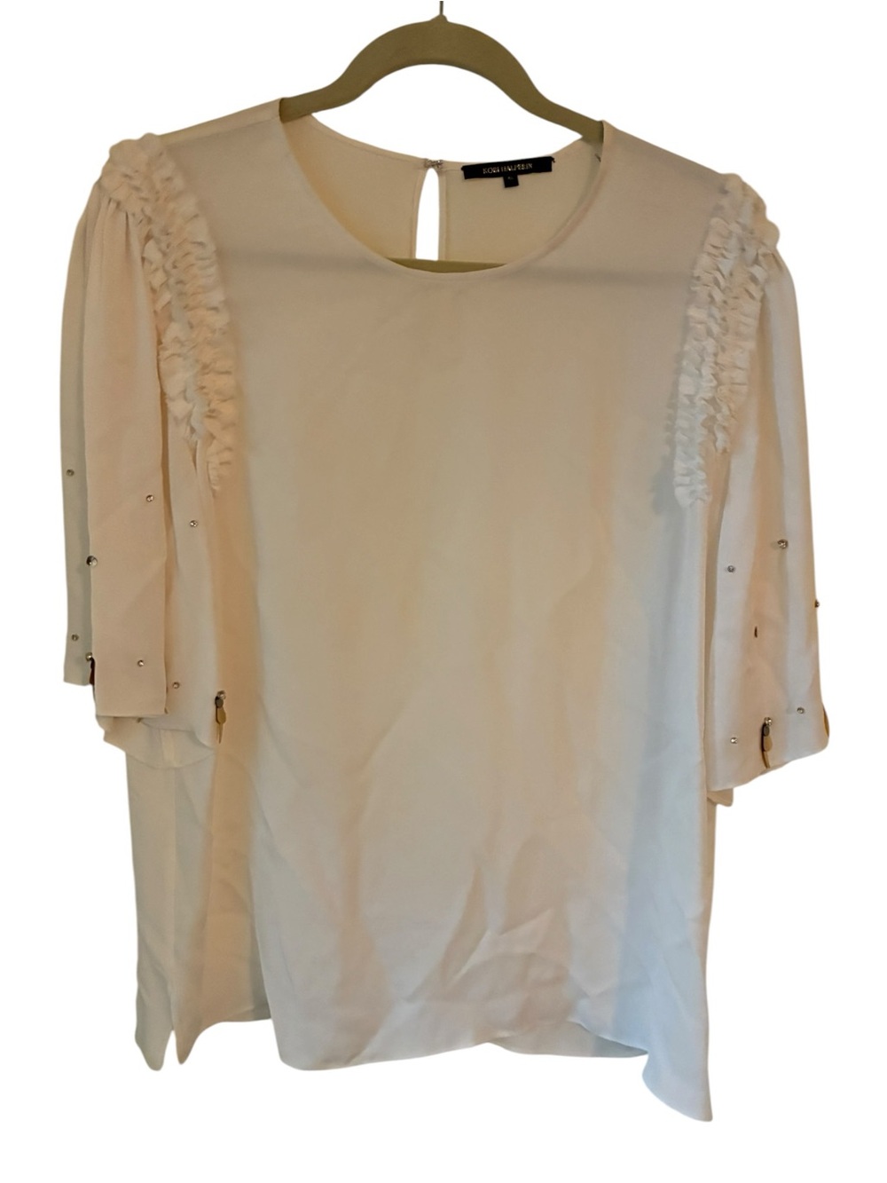 Kobi Halperin White Silk Blouse Ruffle Rhinestone Sleeve Top XL EUC - Picture 1 of 8